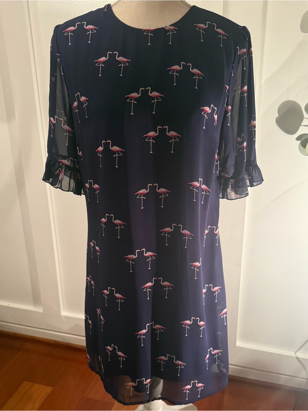 Navy Midi Dress with Pink Flamingo Print Small